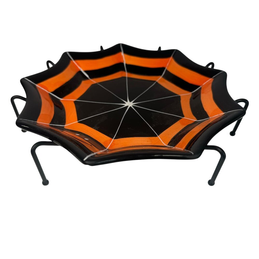 Black & Orange Striped Spider Web Dish w Legs Halloween Horror Gothic Home Decor